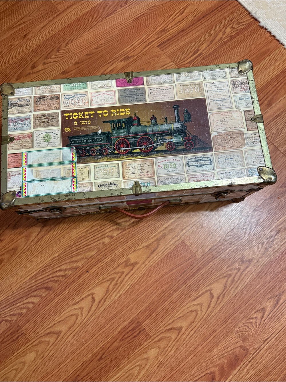 Vintage Train Ticket Decorative Storage Trunk - Cream and Brown70s vintage trunk